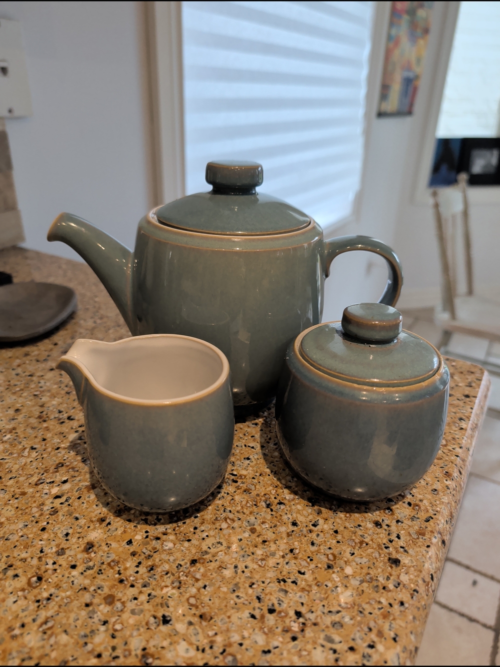 Denby Azure Coast Blue Ceramic Teapot Set with Sugar and Creamer